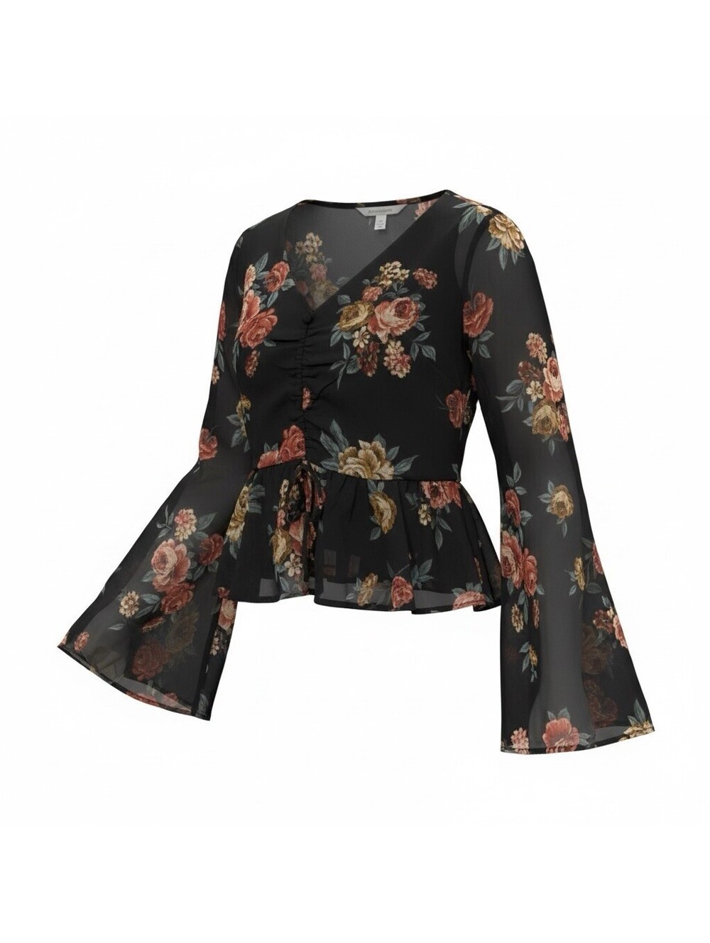 Altard State Size M Black Floral Chiffon Ruched Front Long Bell Sleeve Top Boho